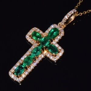 CERTIFIED NATURAL 4.18CTS VS F DIAMOND EMERALD 18K SOLID GOLD CROSS PENDANT